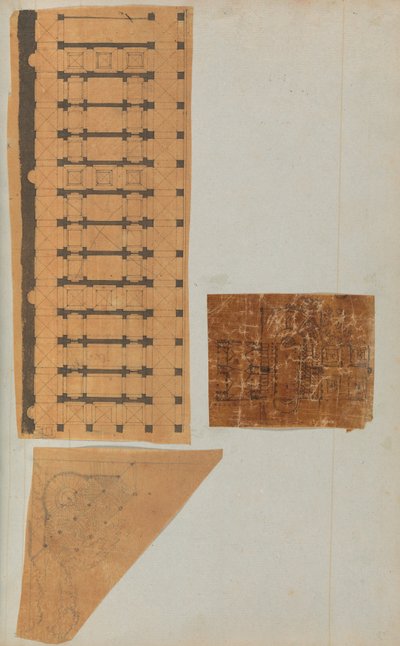 Stránka z Scrapbook obsahující kresby a několik tisků architektury, Int..., ca. 1800-1850. Tvůrci: Workshop Charlese Perciera, Workshop Pierra Françoise Léonarda Fontaina. od Workshop of Charles Percier, Workshop of Pierre