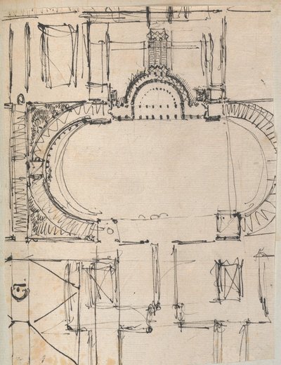 Stránka z Scrapbook obsahující kresby a několik tisků architektury, Int..., ca. 1800-1850. Tvůrci: Workshop Charlese Perciera, Workshop Pierra Françoise Léonarda Fontaina. od Workshop of Charles Percier, Workshop of Pierre