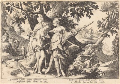 Jupiter v přestrojení Diany svádí Callisto od Workshop of Hendrick Goltzius, after Hendrick Goltzius