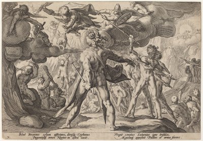 Obři šplhající po nebesích od Workshop of Hendrick Goltzius, after Hendrick Goltzius