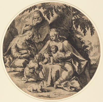Svatá rodina se svatou Alžbětou a svatým Janem Křtitelem od Workshop of Jacob Matham, after Hendrik Goltzius