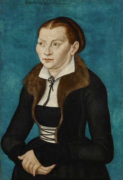 Německy: Katharina von Bora jako poloviční postava vlevo Katharina z Bory od workshop of Lucas Cranach the Elder
