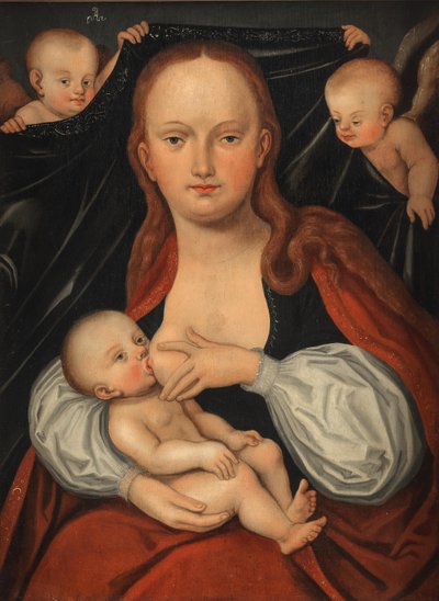 Madona s dítětem před oponou drženou dvěma anděly od workshop of Lucas Cranach the Elder