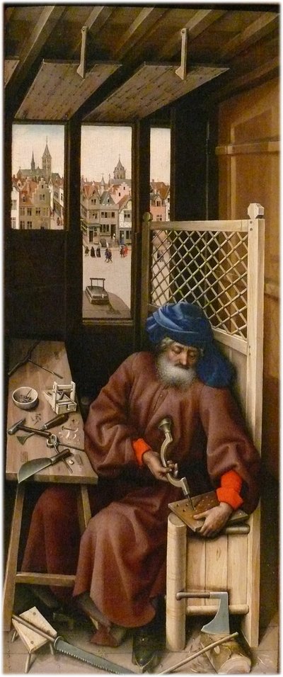 Zvěstování Alternativní název(y):   Název titulu: Mérodský oltářní obraz
pravý panel: Svatý Josef jako tesař od Workshop of Robert Campin