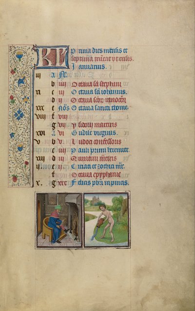 Muž se ohřívá ohněm; Znamení zvěrokruhu Vodnáře od Workshop of Willem Vrelant
