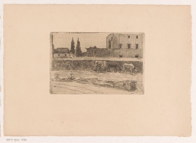 Krajina s budovami a postava v práci od Xavier Mellery (attributed to)