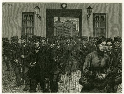 Výjezd z továrny v Gentu. Rytina od X. Melleryho, podle přírody, k ilustraci příběhu „Belgie“, v roce 1888, Camille Lemonnier (1844-1913), umělecká kritička a spisovatelka. Publikováno v Tour du monde, 2. semestr 1883, editoval Edouard Charton (1807-1890) od Xavier Mellery