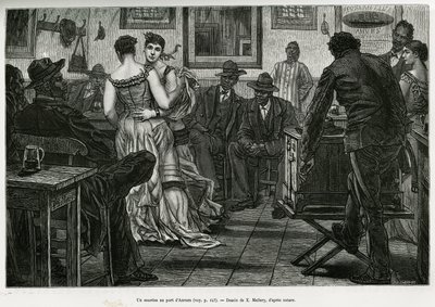 Musico v antverpském přístavu, kde mohou námořníci pít a tančit za zvuku pichlavých varhan. Rytina od X.Melleryho pro ilustraci příběhu Belgie od Camille Lemonnier, publikovaná v Tour du monde, editoval Edouard Charton (1807-1890) od Xavier Mellery