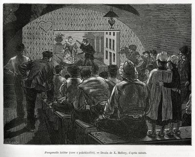 Sklep a Polichinelles, sklep určený pro loutková představení. Rytina od X.Melleryho pro ilustraci příběhu Belgie od Camille Lemonnier, publikovaná v Tour du monde, editoval Edouard Charton (1807-1890) od Xavier Mellery
