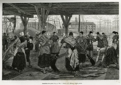 Desalace kůží tím, že ženy škrábou zbytky šelem natažených pod konstrukcemi hal antverpského přístavu. Rytina od X.Melleryho, pro ilustraci příběhu Belgie, od Camille Lemonnier, publikováno v Tour du monde, edite od Xavier Mellery