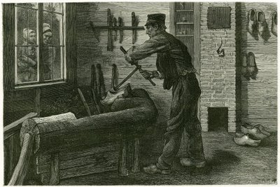 Sabotér z Terneuzenu se usadil, zvětšuje a hloubí dřevo pomocí kleští. Rytina od X.Melleryho, podle přírody, k ilustraci příběhu „“Belgie“, v roce 1888, Camille Lemonnier (1844-1913), umělecká kritička a spisovatelka. Publikováno v To od Xavier Mellery