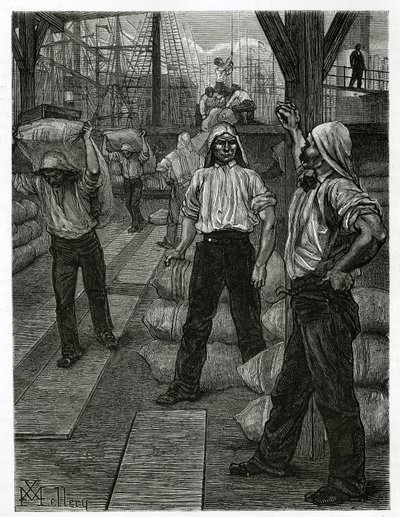 Vykládka lodi, dokaři s hlavami pokrytými asfaltovou čepicí, hromadí zboží v docích antverpského přístavu. Rytina od X.Melleryho, pro ilustraci příběhu Belgie, od Camille Lemonnier, publikováno v Tour du monde, upraveno od Xavier Mellery
