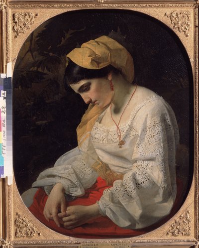 Mladá nevěsta (A Bride). Profilový portrét smutné mladé ženy s rezignovaným výrazem. Obraz Jakova Fjodoroviče Kapkova (1816-1854), olej na plátně od Yakov Fyodorovich Kapkov