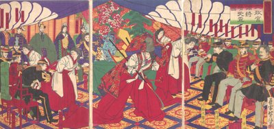 Velitelé přijímající císařovy poháry, 1886 Meiji 19. od Yamazaki Toshinobu