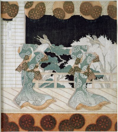 Tanečníci v tradičních kostýmech na scéně Japonský tisk „Surimono“ od Yashima Gakutei (1786-1868) 1822 Soukromá sbírka od Yashima Gakutei