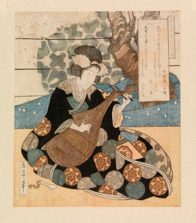 Dáma hrající na nástroj, cca 1804-40 (barevný dřevoryt) od Yashima Gakutei