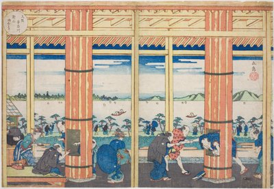 Rain Shelter na Nii Hill u řeky Aji, Osaka (Osaka Ajigawa Niiyama amayadori), ze série "Slavná místa v Ósace: Krásné výhledy na horu Tenpo (Naniwa meisho Tenpozan shokei ichiran)" od Yashima Gakutei