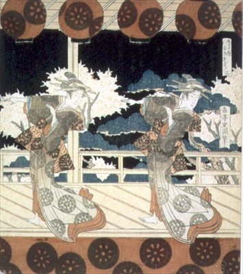 Dva tanečníci vystupují na jevišti, z The Dance at Furuichi pro sérii Hisakataya Group, kolem 1822 (inkoust) od Yashima Gakutei