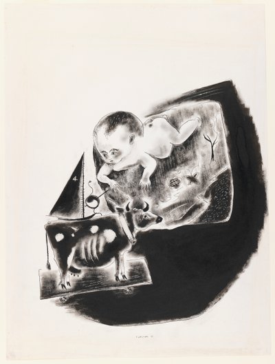 Dítě a hračka kráva od Yasuo Kuniyoshi