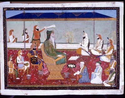 Randžít Singh na svém zlatém trůnu, kolem roku 1830 (neprůhledný akvarel a zlato na papíře) od Yechu Mussavir