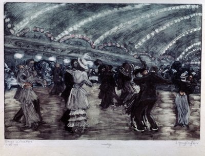 Tango a Luna Park (Tango Dance at Luna Park). Páry tanečníků na široké podlaze, osvětlené ze stropu girlandami světla. Umělecké dílo Yelisavety (Elisabeth) Sergeyevna Kruglikova (Elizaveta Sergeevna Krouglikova) (1865-1941), rytina ( od Yelisaveta Sergeyevna Kruglikova