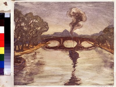 Loď na Seině. (Loď na Seině). Peinture de Yelisaveta (Elisabeth) Sergeyevna Kruglikova (Elizaveta Sergeevna Krouglikova) (1865-1941), estampe (monotyp) od Yelisaveta Sergeyevna Kruglikova