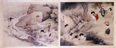 Art coreen: ženy si samy perou prádlo a oblékají se a ženy si umývají toalety a zabávají se. Tisky Sin Yun Bok (nebo Hyewon) (nar. 1758). Kolekce Hyung Pil Chun od Yun bok Sin