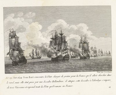 Jan Bart herovert graanschepen op een Hollands eskader, 1694 29. června 1694 se Jean-Bart setkal s flotilou naloženou obilím pro Francii (...) a převzal celou flotilu, kterou přivezl zpět do Francie (název na předmět) Sbírka bojů Jean-Bart, náčelníka E od Yves Marie Le Gouaz