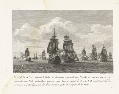 Jan Bart valt met zijn eskader een Hollandse vloot aan, 1676 V roce 1676 Jean Bart, nasedající na 18dělnou Palme, velel eskadře pěti Corsairů (...) (název na předmětu) Sbírka bojů Jeana-Barta, velitele letky za Ludvíka XIV (název série) od Yves Marie Le Gouaz
