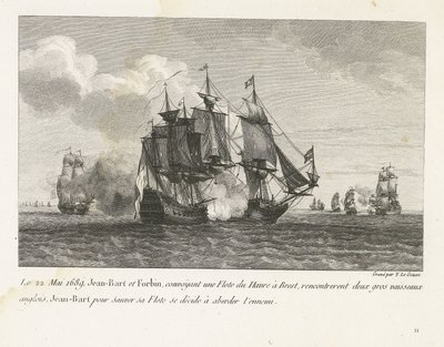 Jan Bart valt twee Engelse schepen aan, 1689 22. května 1689 Jean-Bart a Forbin, přepravující flotilu z Le Havru do Brestu, narazili na dvě velká anglická plavidla, Jean-Bart se, aby zachránil svou flotilu, rozhodl přiblížit se k nepříteli (název na předmě od Yves Marie Le Gouaz