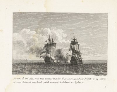 Jan Bart verovert een Hollands fregat, 1677 V květnu 1677 Jean-Bart nasedl na 18dělnou Palme, vzal fregatu s 24 děly a šestnáct obchodních lodí, které přepravovala z Holandska do Anglie (název předmětu) Sbírka Jeiných bojů od Yves Marie Le Gouaz