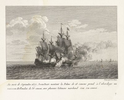 Jan Bart verovert een Hollands fregat, 1677 V září 1677 Jean-Bart nasedl na 18 dělovou Palme a nastoupil na 36 dělovou holandskou loď s několika obchodními loděmi pod jeho konvojem (název na předmětu) sbírka soubojů od Yves Marie Le Gouaz
