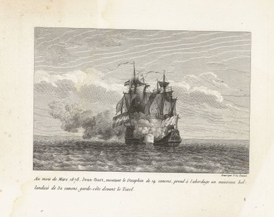 Jan Bart verovert een Hollands fregat, 1678 V březnu 1678 nastoupil Jean-Bart na 14dělovém Dauphinu na 32 dělové holandské plavidlo, pobřežní stráž před Texelem (název na předmětu) Sbírka bojů Jean-Bart, náčelníka Es od Yves Marie Le Gouaz