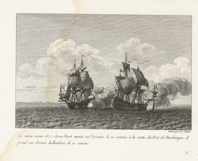 Jan Bart verovert een Hollands fregat bij Duinkerke, 1675 Ve stejném roce, 1675, Jean-Bart nasedl na 10-dělový Corsair; na výjezdu z přístavu Dunkerque bere holandskou fregatu 12 děl (název na předmětu) Kompilace bojů Jean-Bart, kap od Yves Marie Le Gouaz