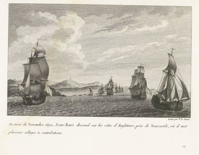 Jan Bart voor de Engelse kust bij Newcastle, 1692 V listopadu 1692 Jean-Bart sestupuje na pobřeží Anglie poblíž Newcastlu, kde přispívá několika vesnicemi (název na předmět) Kompilace bojů Jeana-Barta, velitele křídla tak od Yves Marie Le Gouaz