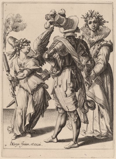 Amor se zavázanýma očima drží pochodeň před párem od Zacharias Dolendo after Jacques de Gheyn II