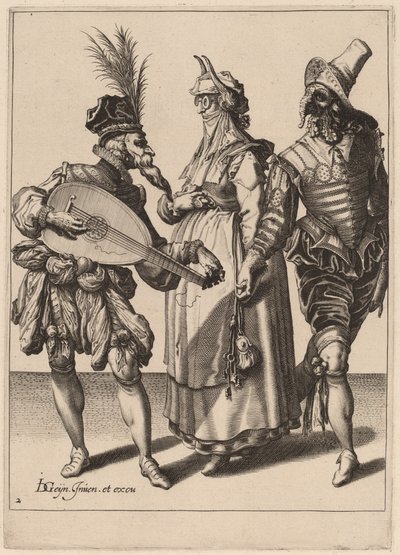 Pár oslovený hráčem na loutnu od Zacharias Dolendo after Jacques de Gheyn II