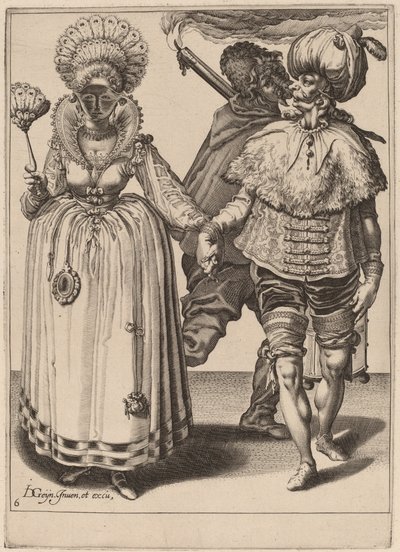 Muž s turbanem vede ženu s pavími pery od Zacharias Dolendo after Jacques de Gheyn II