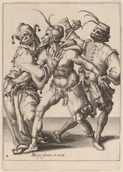 Tři Tančící Mummery, Včetně Šaška od Zacharias Dolendo after Jacques de Gheyn II