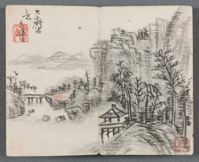 Miniaturní album s postavami a krajinou (Cliff Landscape with Bridge) od Zeng Yandong