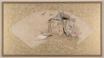 Dům se ženou a dítětem, konec 19. století (vějířová malba v podobě albového listu; tempera na papíře) od Zeshin Shibata