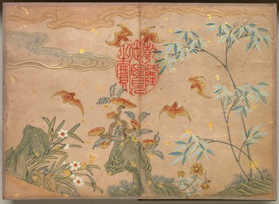 Stolní album: Obrazy květin a ptáků Netopýři, skály, květiny oválná kaligrafie, 18. století. od Zhang Ruoai