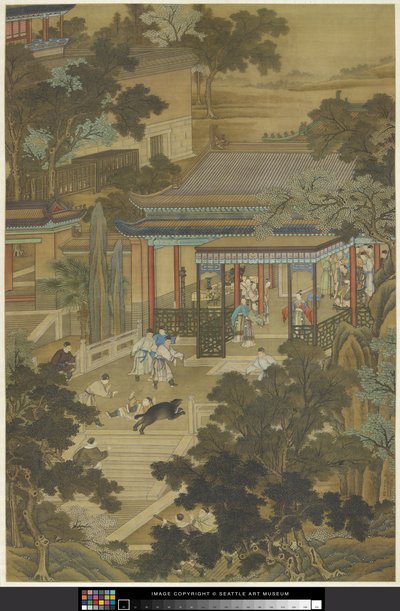 Jieyu bránící císaře před medvědem, c.1740 (inkoust a barva na papíře) od Zhidao Cheng
