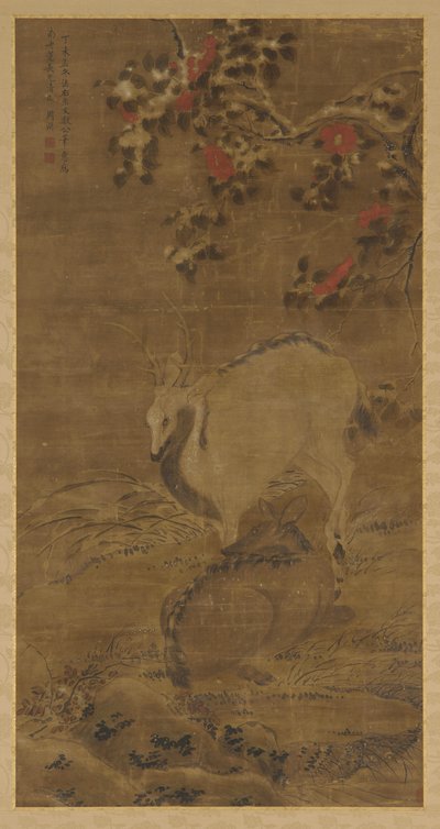 Jelen, laň a červené kamélie ve sněhu, 1367. od Zhou Yuan