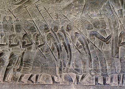 Angkor Wat, Angkor, Kambodža Počátek 12. století s pozdějšími doplňky. Tento detail reliéfů v galerii ukazuje THAJSKÝ lid pochodující jako spojence khmerské armády od Hippolyte Lalaise Devéria