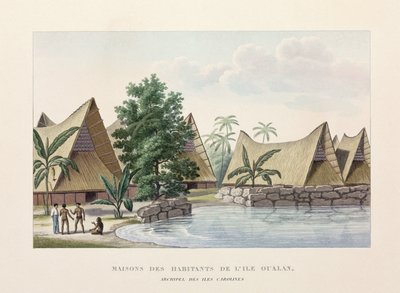 Architektonické domy na Oualanu, Caroline Islands od Frederick (attr. to) Barnard