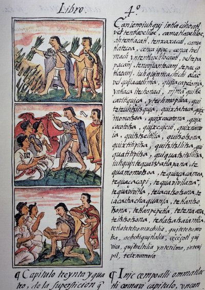 Víra a pověry, IV. kniha Florentského kodexu, dvojjazyčná verze ve španělštině a nahuatlu, Obecná historie věcí Nového Španělska, aztécká civilizace od Georg Carl Heinrich Dollmann