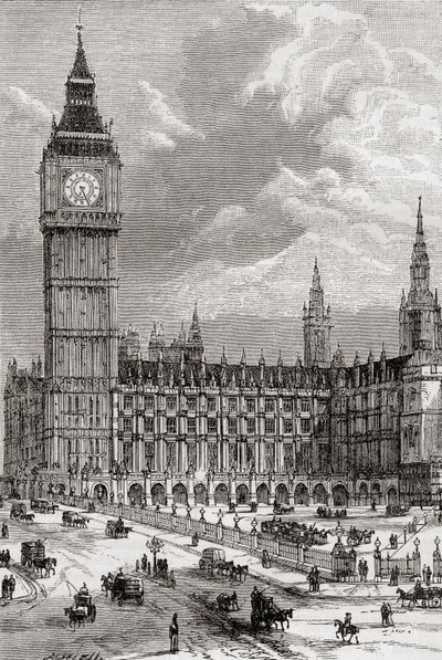 Big Ben a Houses of Parliament, Londýn, Anglie, vidět zde v 19. století. od . .