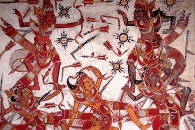 Stropní malba v královském paláci; Bitva bohů; Papír Gosa; park paláce Gili; Klungkung; Semarapura; Bali; Indonésie; Jihovýchodní Asie; Asie od Frederick (attr. to) Barnard