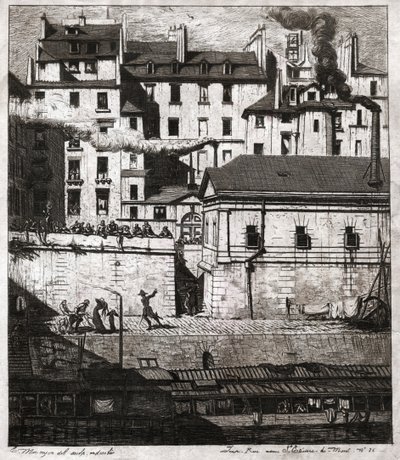 Místo činu s policejním zásahem na nábřeží v Paříži. cca 1860 (rytina) od . .